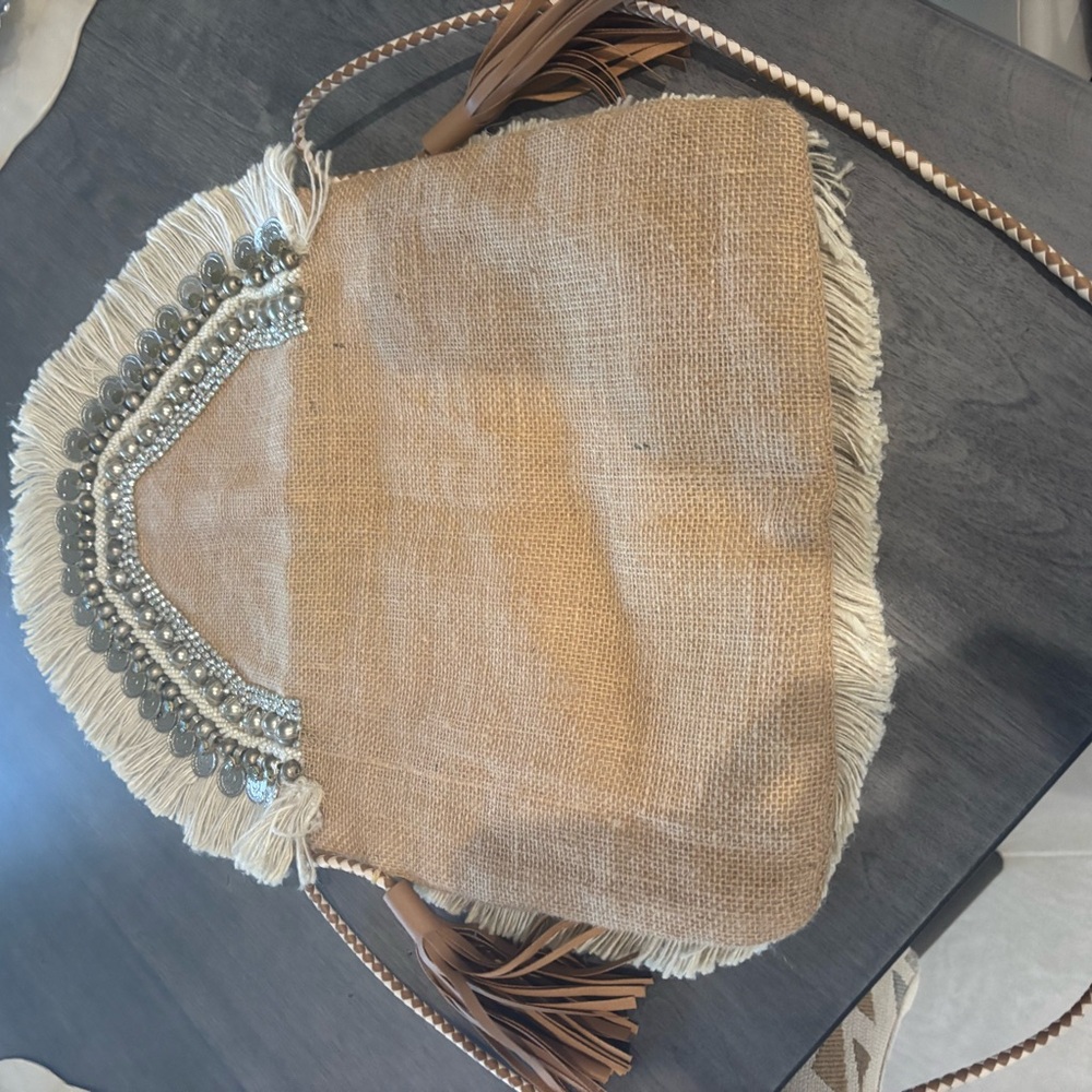 Boho Fringe Coin Embellished Crossbody/Clutch Bag - Cream - Picture 2 of 3